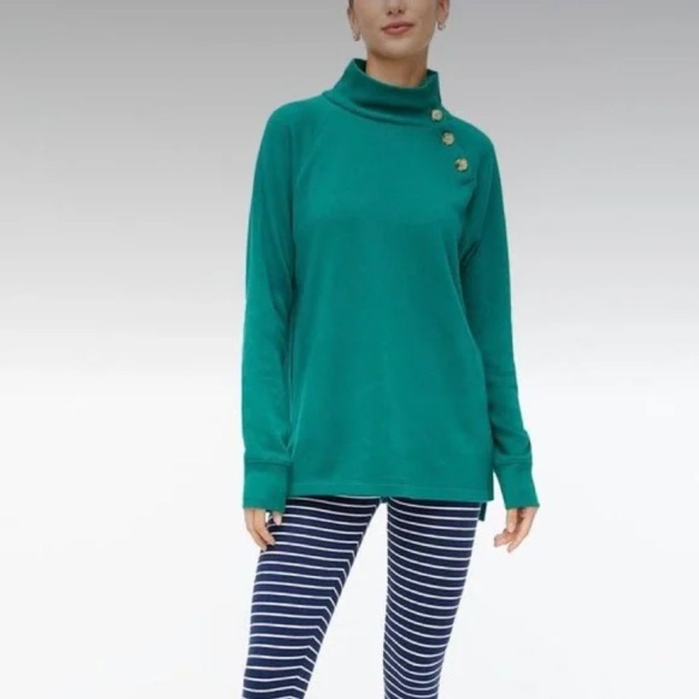 J. Crew Green Cowl Neck Button Pullover Sweatshirt Cozy & Stylish